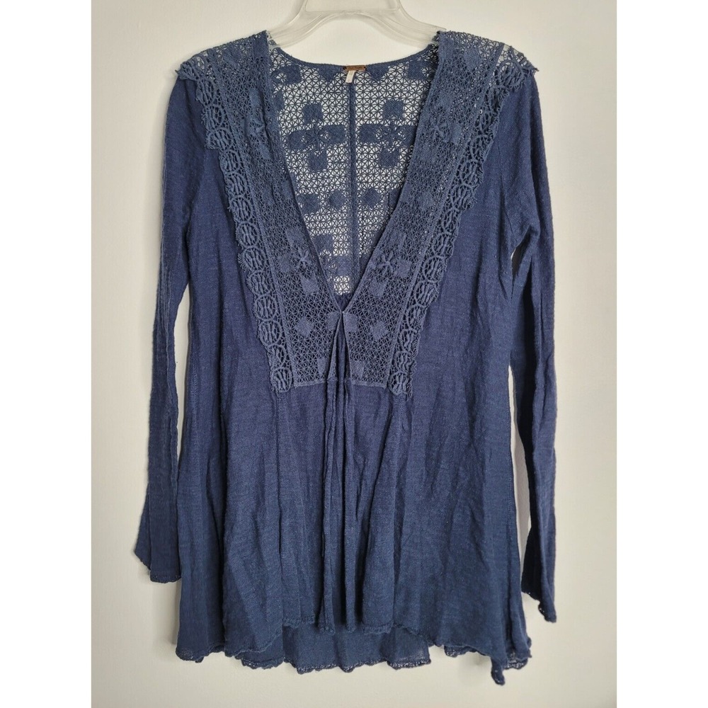 Free People Womens Small Knit Lace Blue Cardigan Linen Blend Boho - Picture 2 of 6